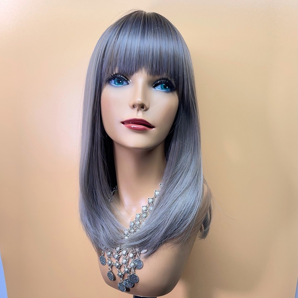 16” Ombre Gray Straight Uneven Bangs Synthetic Wig